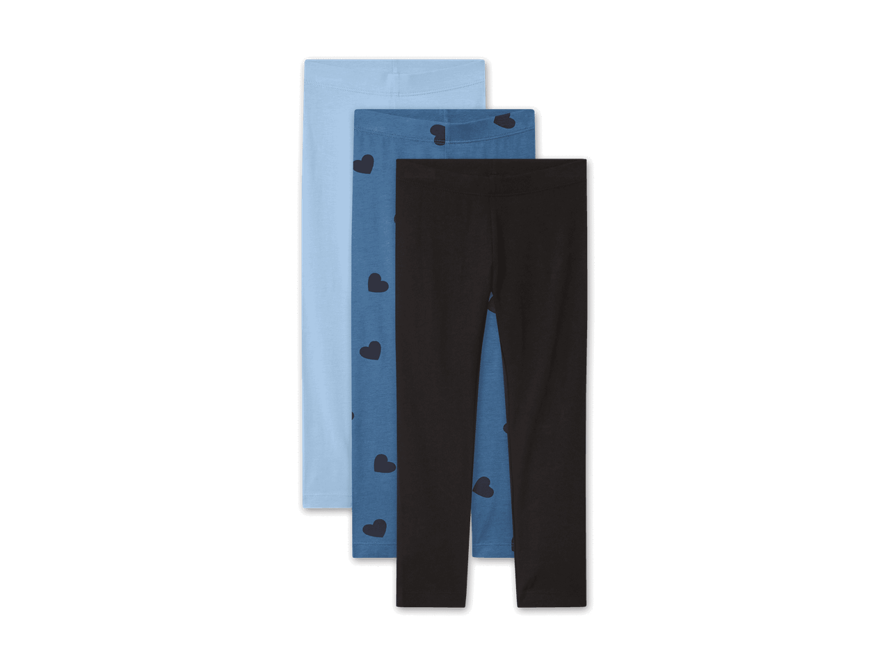 Drei Leggings in Hellblau, Blau mit Herzen und Schwarz
