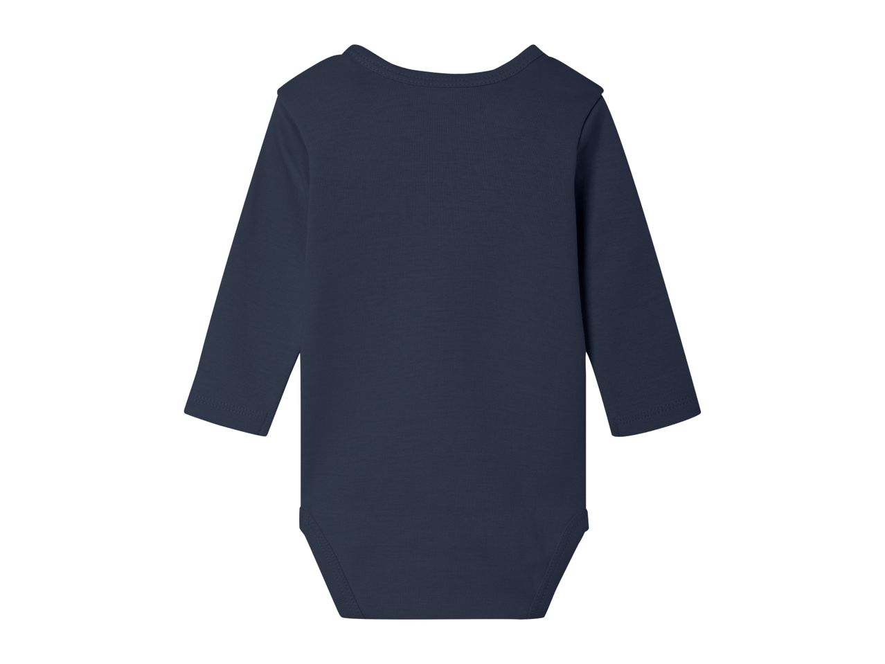 Back view of a plain navy blue long-sleeved baby bodysuit.