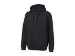 Black full-zip hoodie with a small logo on the chest and front pockets.