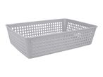 A gray plastic storage basket with a woven pattern.