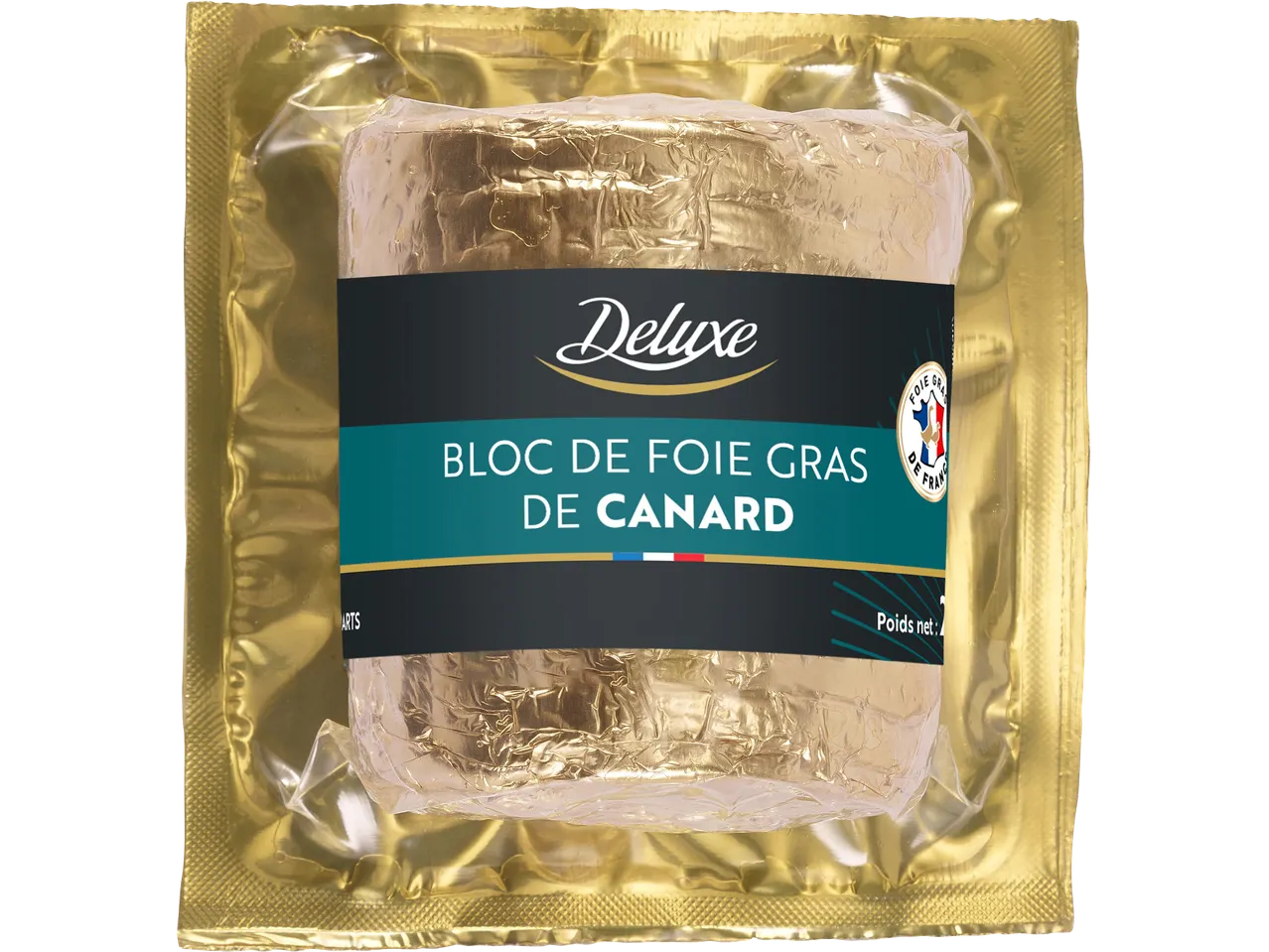 Bloc de Foie Gras de Canard Deluxe dans un emballage sous vide doré