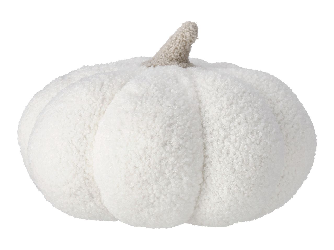 White fluffy pumpkin decoration with a light brown stem.