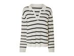 White and black striped long-sleeve polo shirt with a V-neck collar.