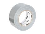 A roll of silver duct tape with text on the inner core.