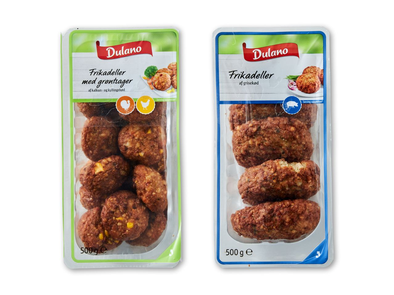 To pakker Dulano frikadeller: en med grøntsager af kalkun- og kyllingekød, en af grisekød.