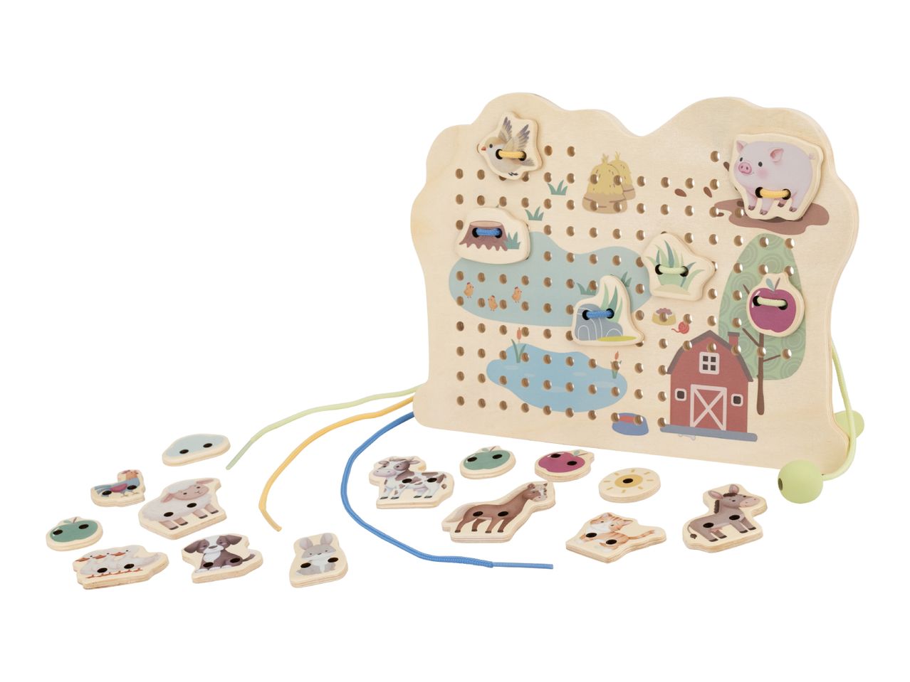 Wooden lacing board with farm animals and landscape, colorful strings, and loose animal pieces.