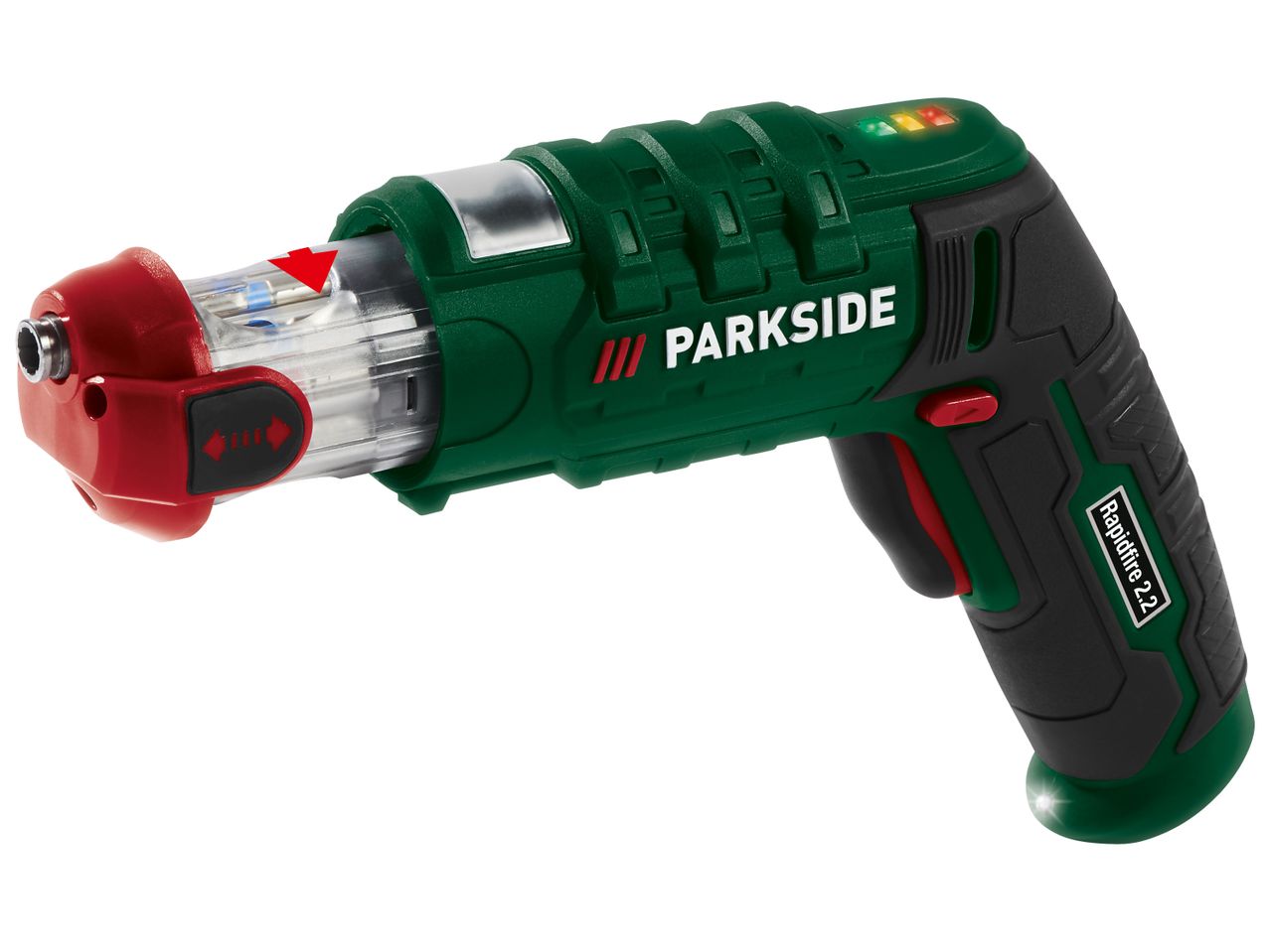 Акумулаторен винтоверт Parkside®, зелен с червени акценти и прозрачен пълнител за битове.