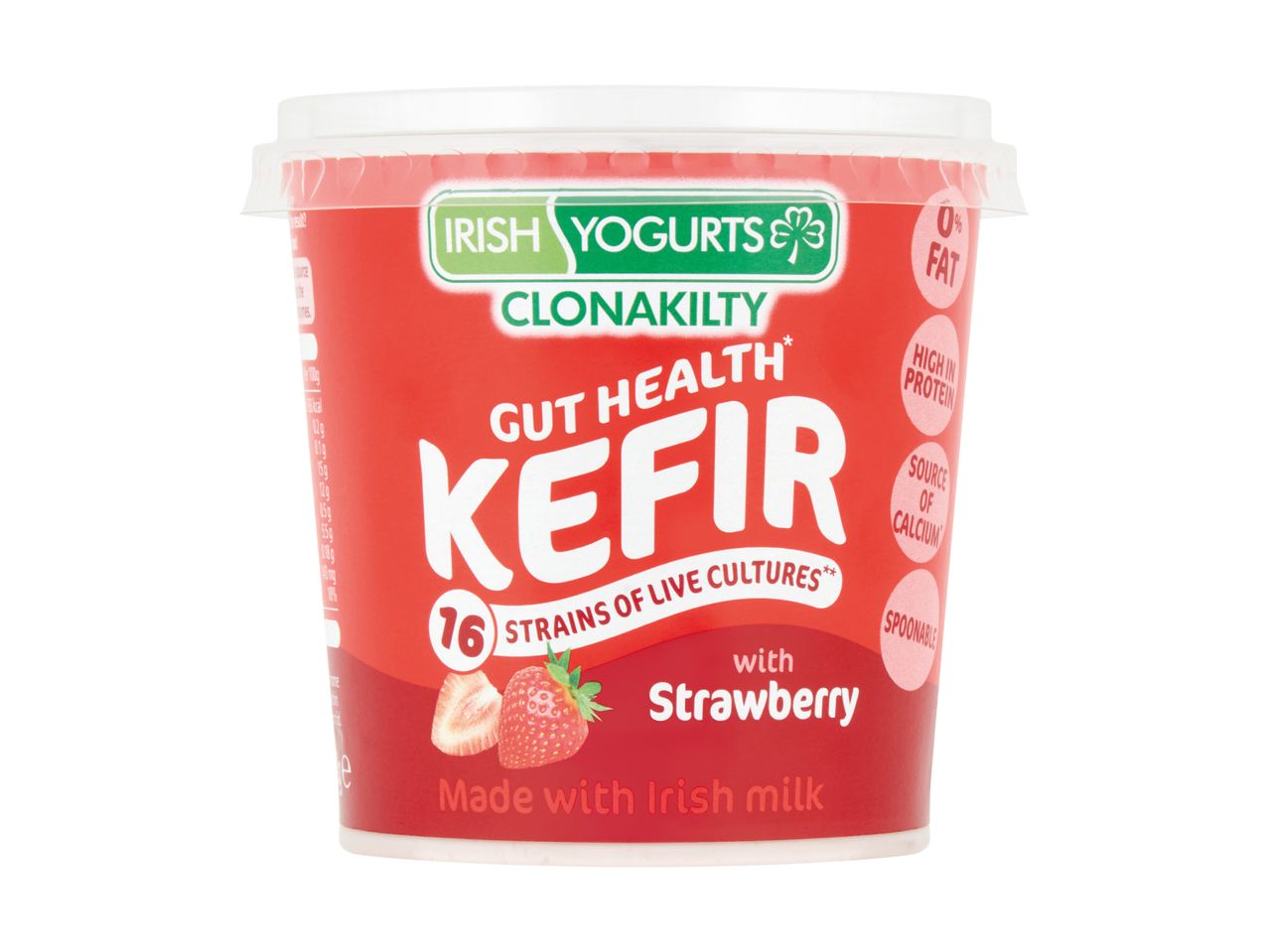 Red tub of strawberry kefir with 16 strains of live cultures, 0% fat, high in protein, and a source of calcium.