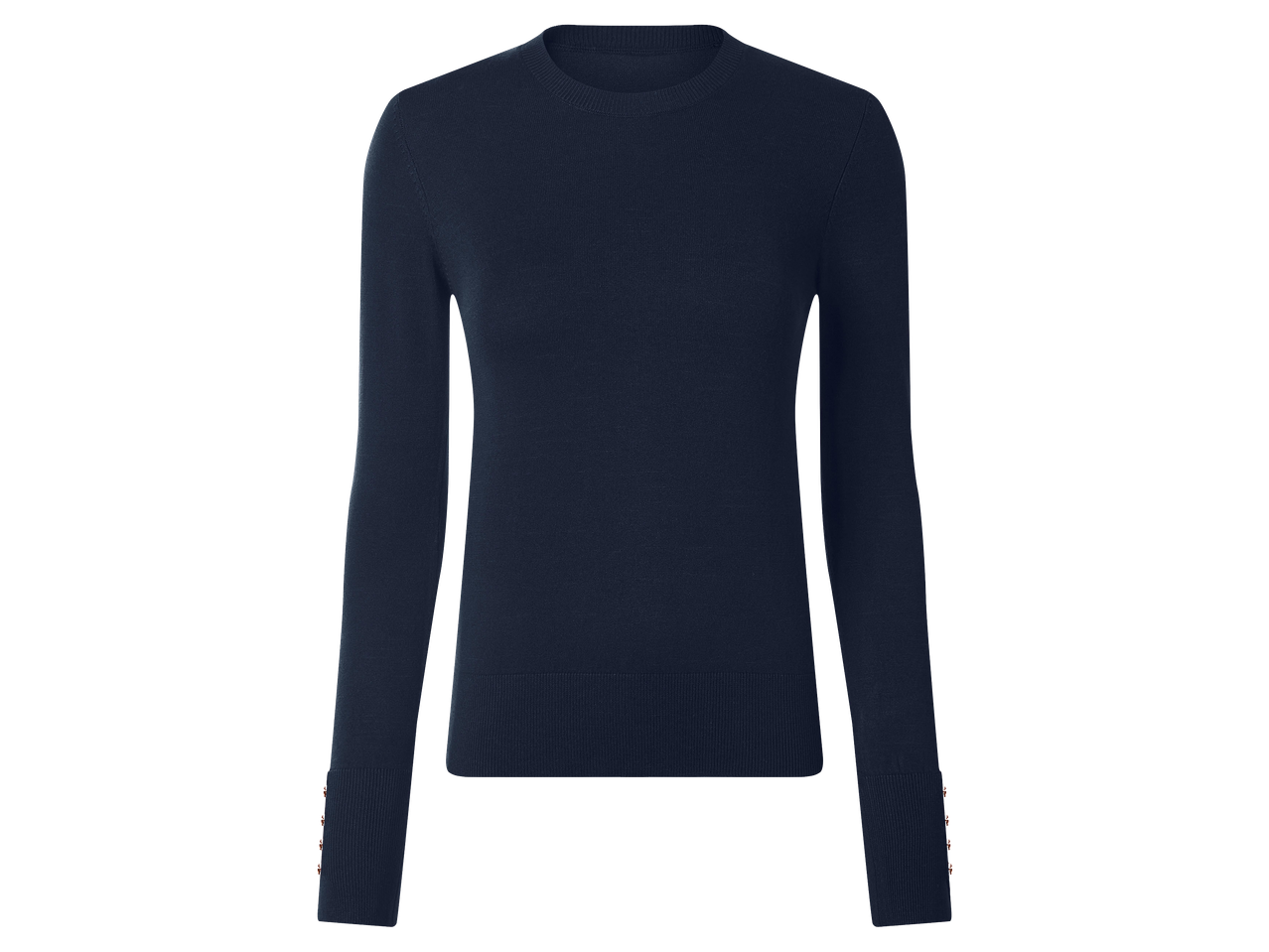 Sötétkék, hosszú ujjú női pulóver, kerek nyakkivágással és gombokkal az ujján.