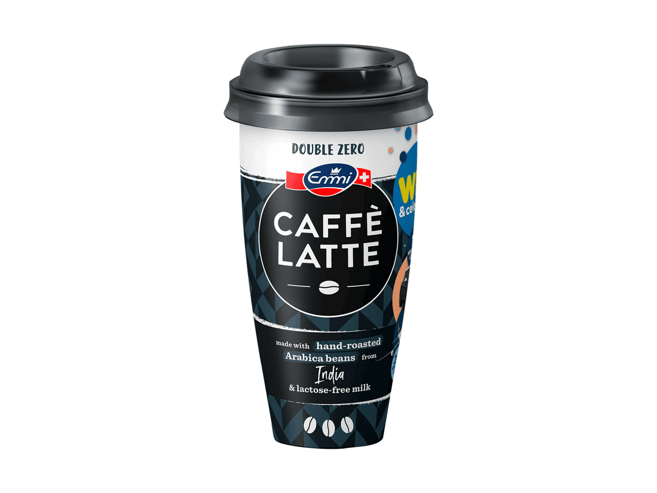 Caffè latte in tazza da asporto con la scritta 'Double Zero' e 'Caffè Latte'.