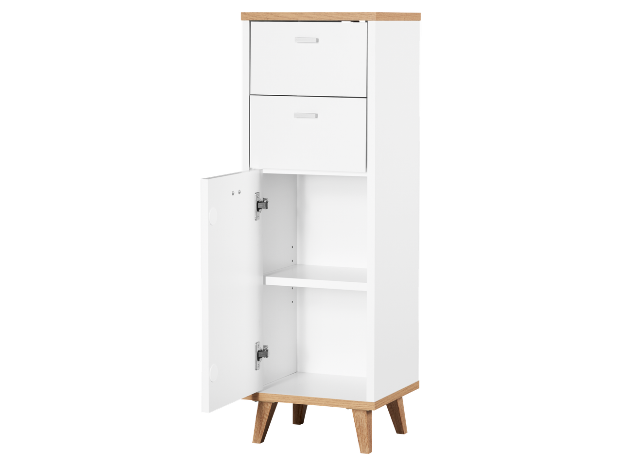 Livarno Tall Bathroom Cabinet with two drawers and an open cabinet with shelves, white and wood