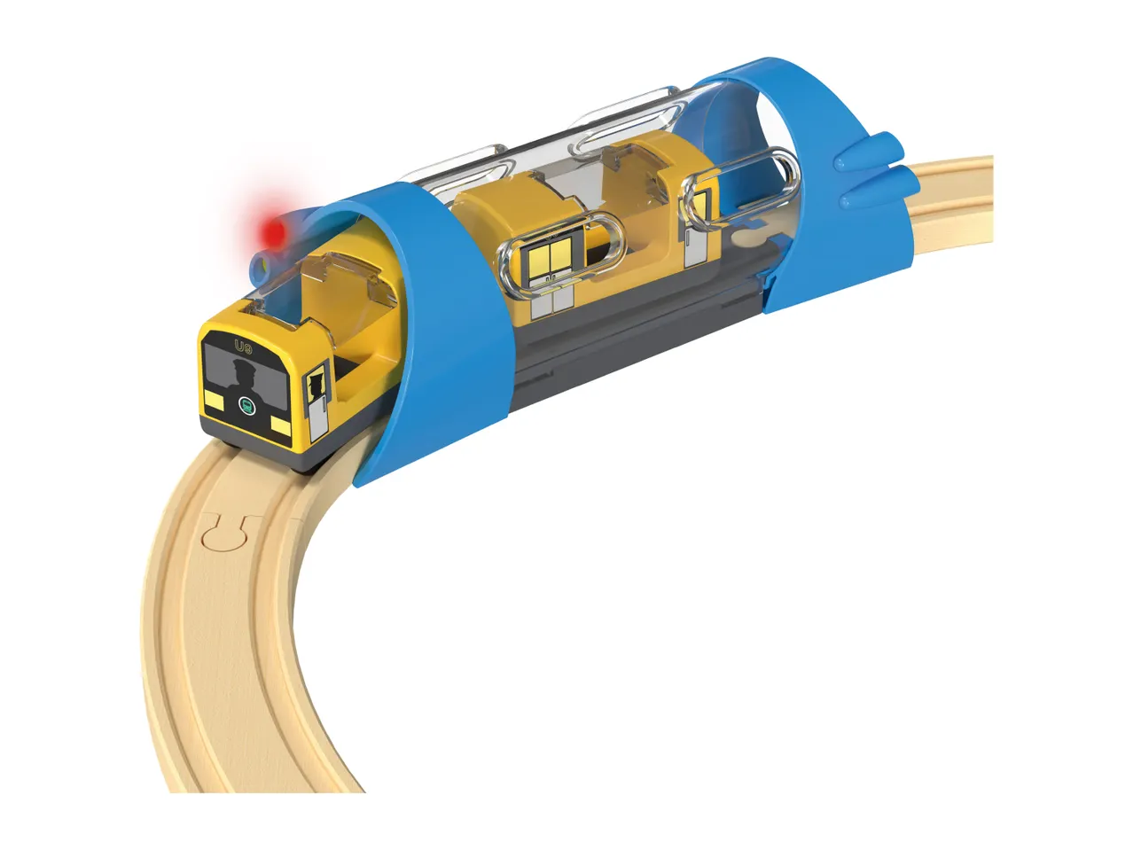 Yellow toy train with a blue tunnel on a wooden track.