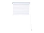 White roller blind with horizontal stripes and a pull cord on a white background.
