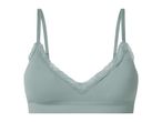 Light green ribbed bralette with delicate lace trim along the neckline.
