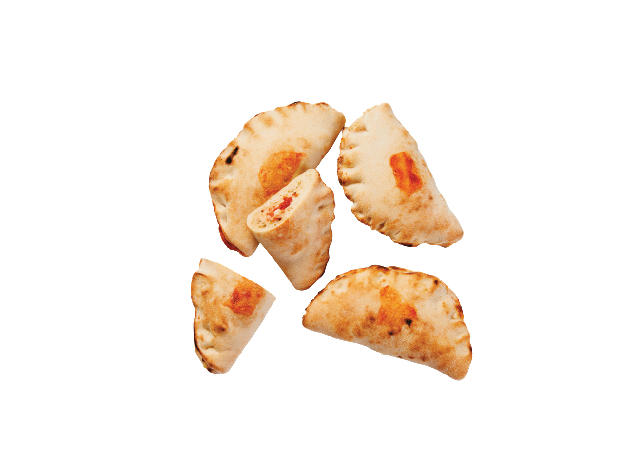 Pieci zeltaini pīrādziņi ar pildījumu, viens no tiem pārgriezts uz pusēm.