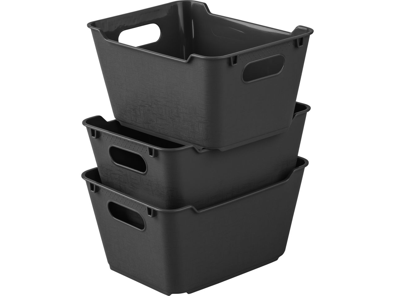 Tre contenitori di plastica neri impilati.