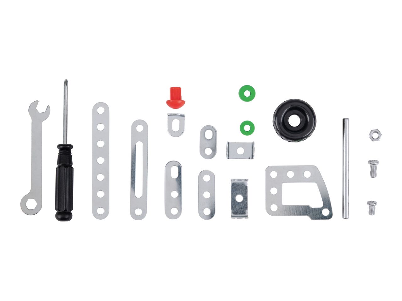 Assorted metal construction toy parts, including tools and fasteners.