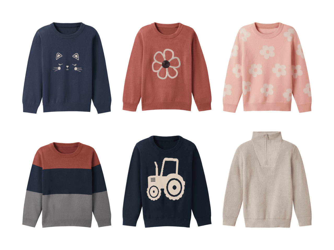 Sechs Kinderpullover, darunter ein blauer Pullover mit einer Katze, ein rostfarbener Pullover mit einer Blume und ein rosa Pullover mit Blumen.