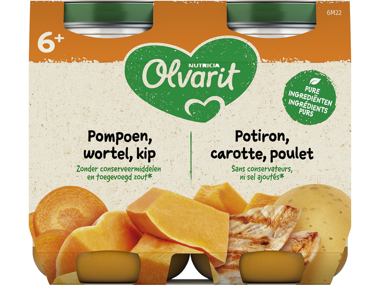 Aliment pour bébé Olvarit à la citrouille, carotte et poulet pour 6+ mois.