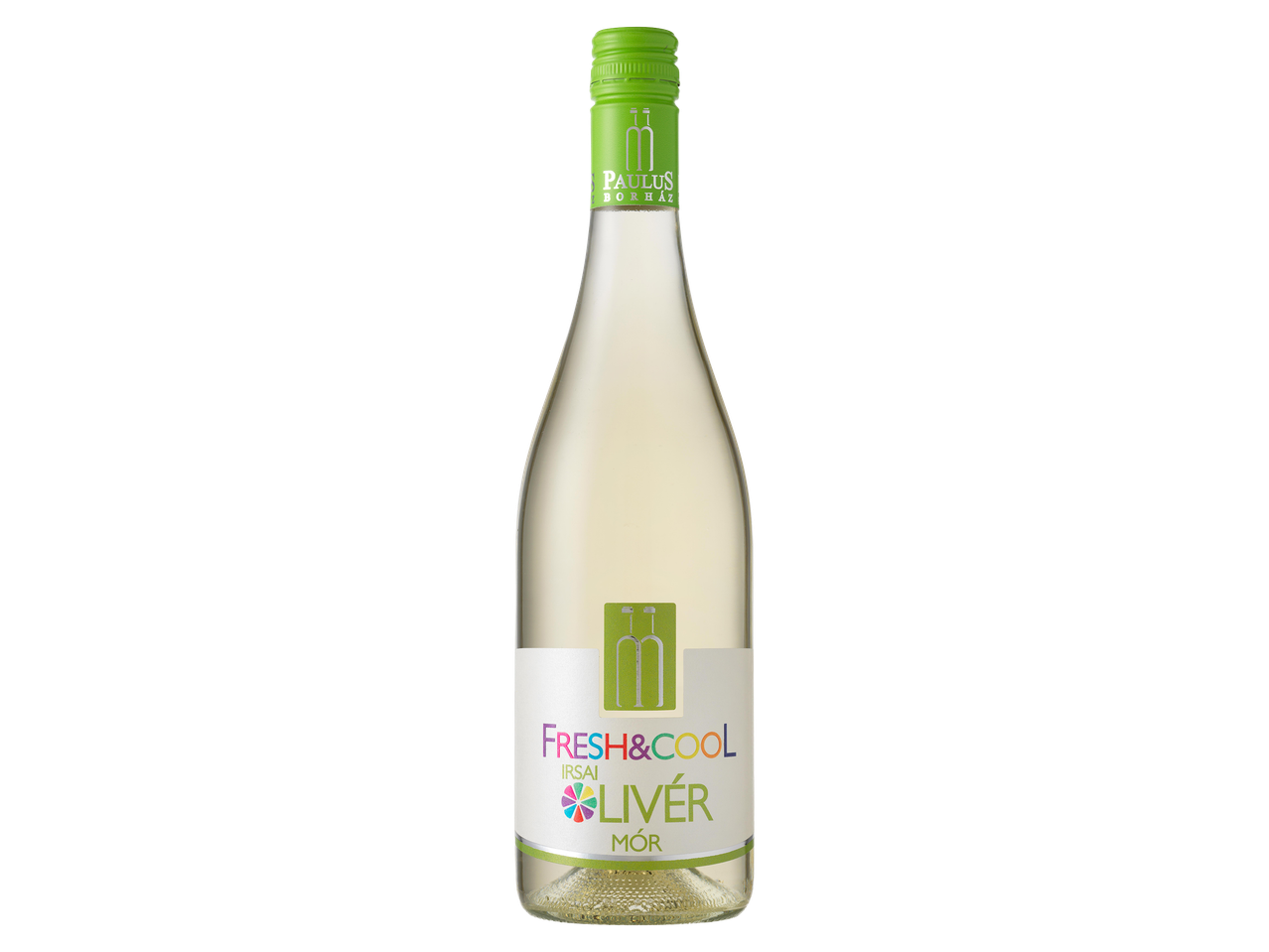 Fehérbor zöld kupakkal és címkével, rajta 'FRESH & COOL' felirattal.
