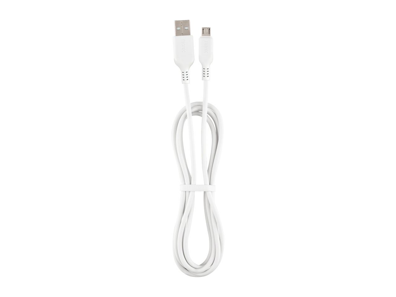 White USB-A to Micro-USB charging and data cable, coiled and secured with a strap.