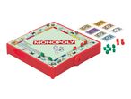 A portable board game with money, dice, and playing pieces, featuring a red case.