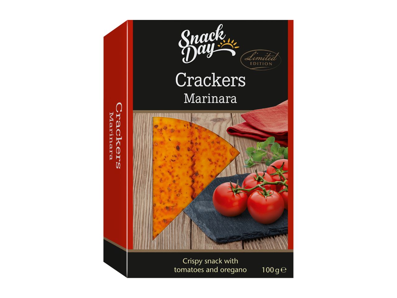 Crackers with Marinara flavor, crispy snack with tomatoes and oregano, 100g.