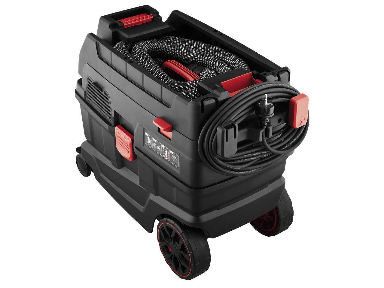 Черно-червена прахосмукачка за мокро и сухо почистване с маркуч и кабел, на колела.