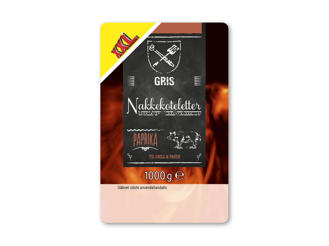 Emballage til nakkekoteletter med paprika, 1000g.