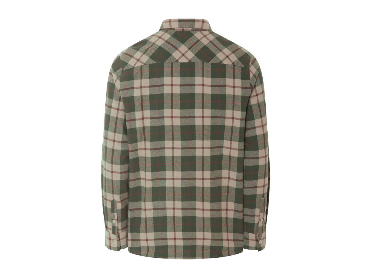 Back view of a men's green and beige plaid flannel shirt