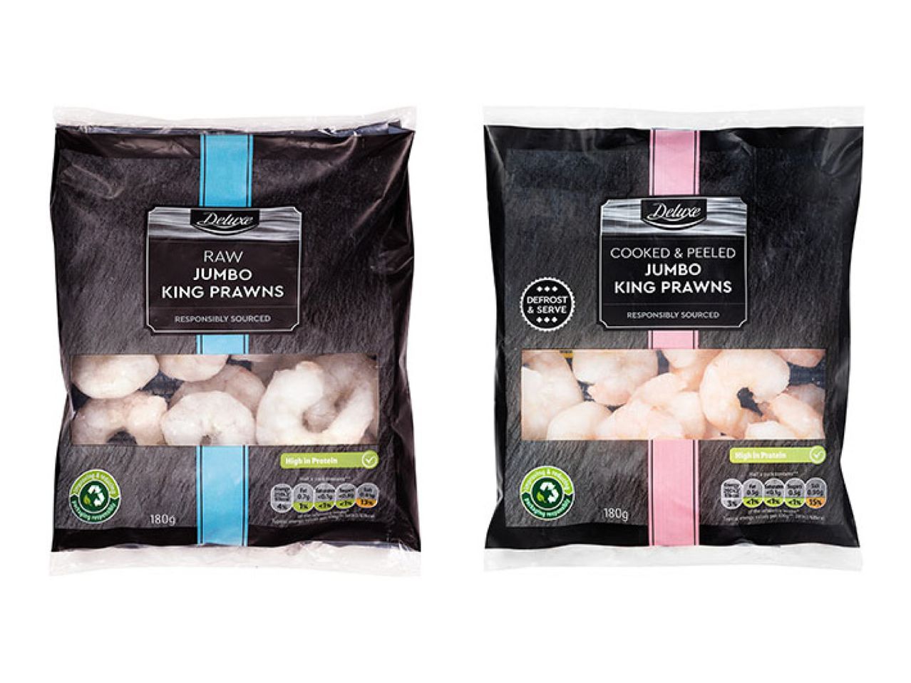 Two Deluxe bags of jumbo king prawns: one raw, one cooked and peeled.