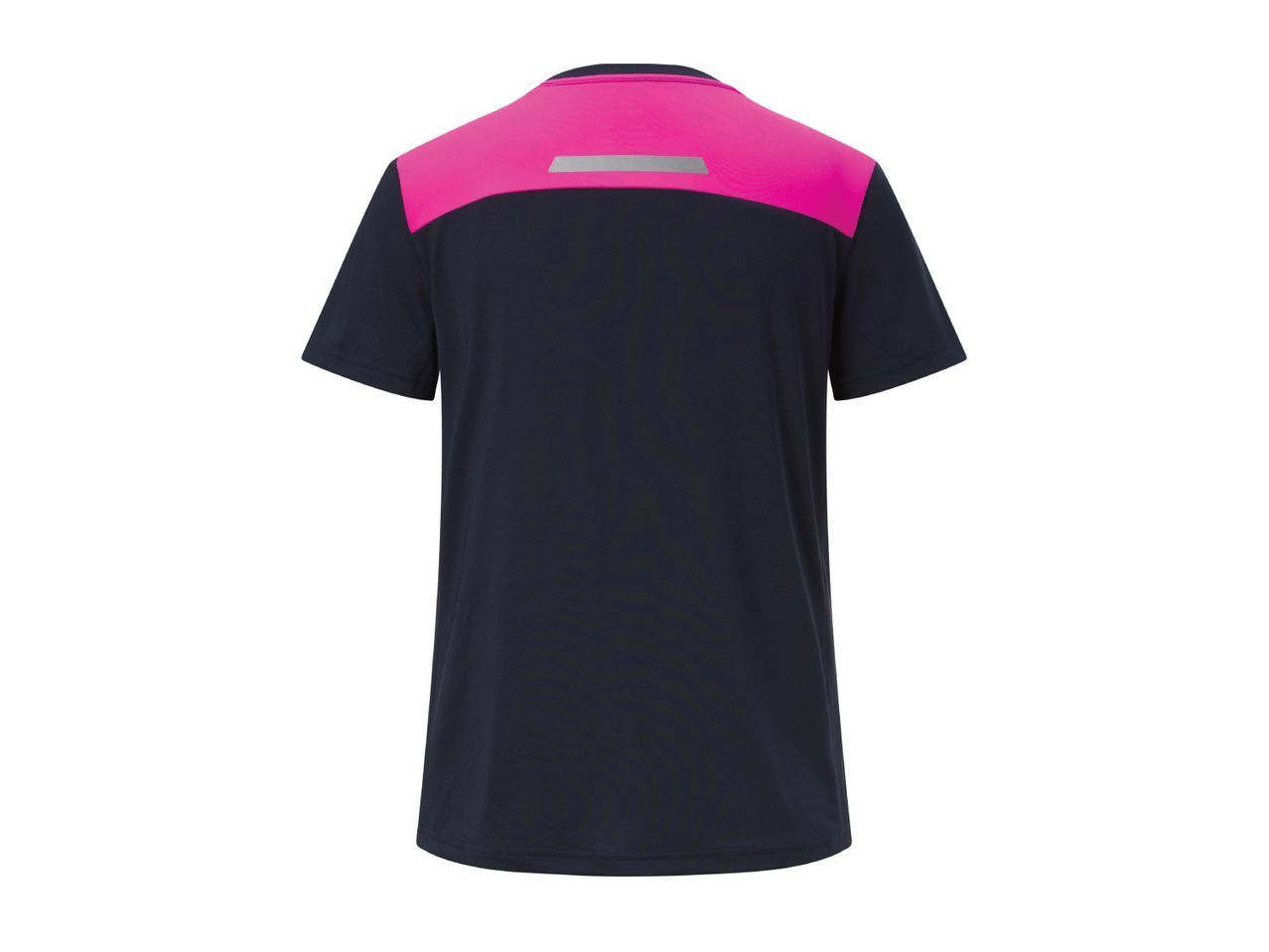 Dark blue and pink short-sleeved t-shirt with a reflective strip on the back