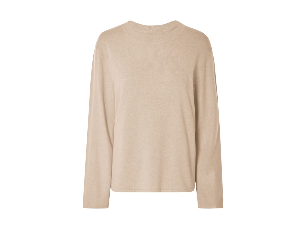 En beige langærmet striktrøje med rund hals.
