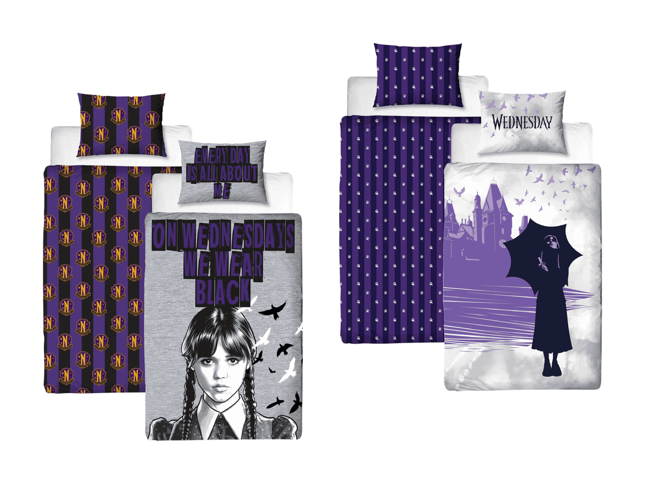 Wednesday Addams Bettwäsche-Sets mit Nevermore Academy-Logo und Wednesday-Motiven.