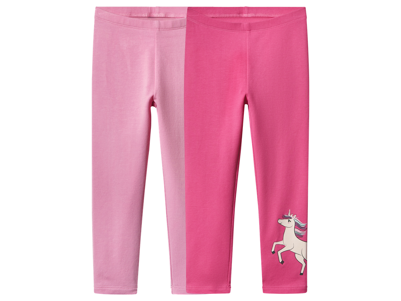 Два чифта детски розови клинове, единият с щампа на еднорог.