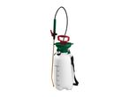White garden pressure sprayer with green and red accents, a black strap, and a pressure gauge.