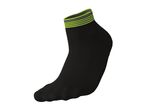 A black ankle sock with lime green and grey stripes at the top.