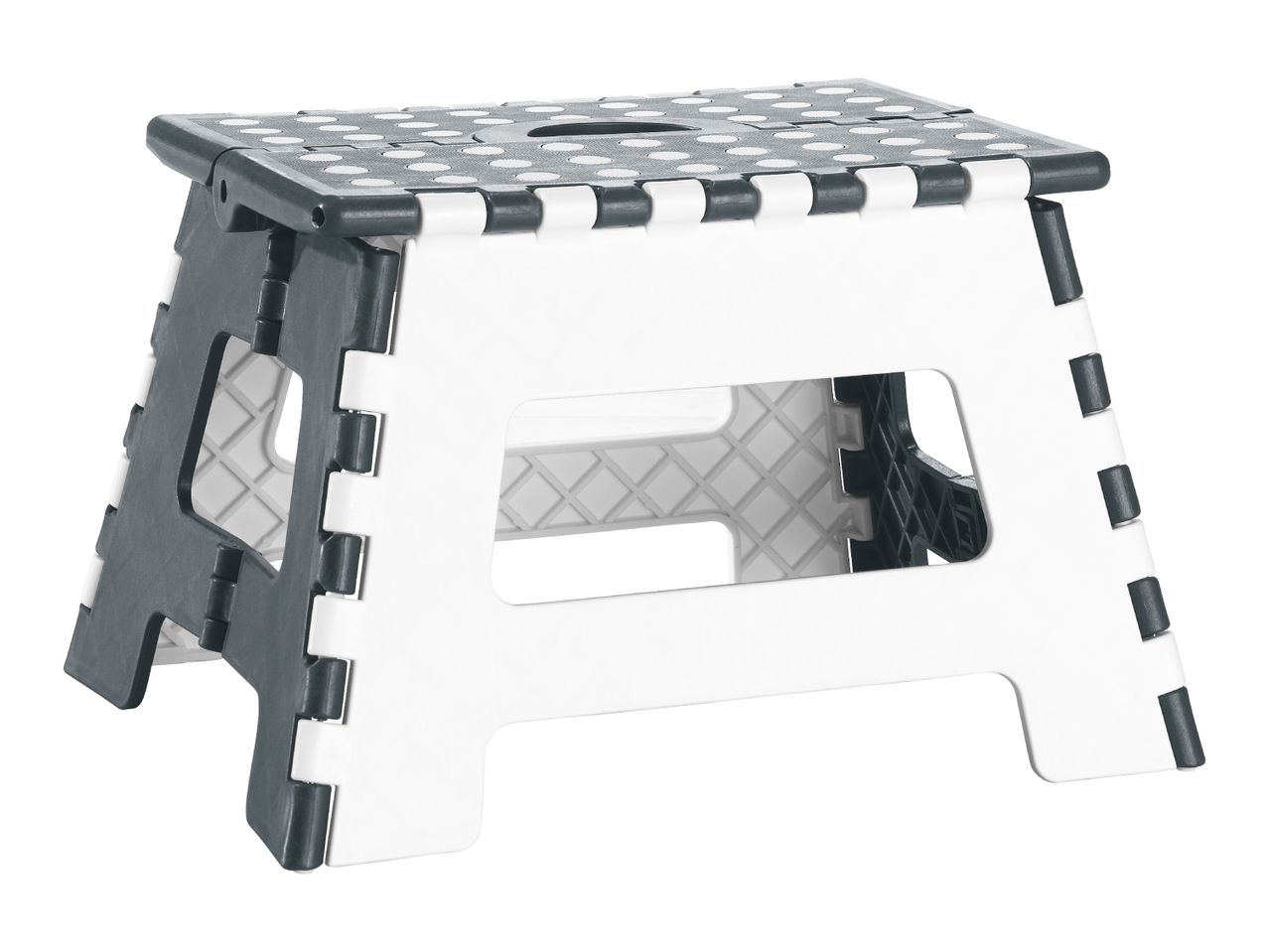 A white and gray plastic folding step stool.