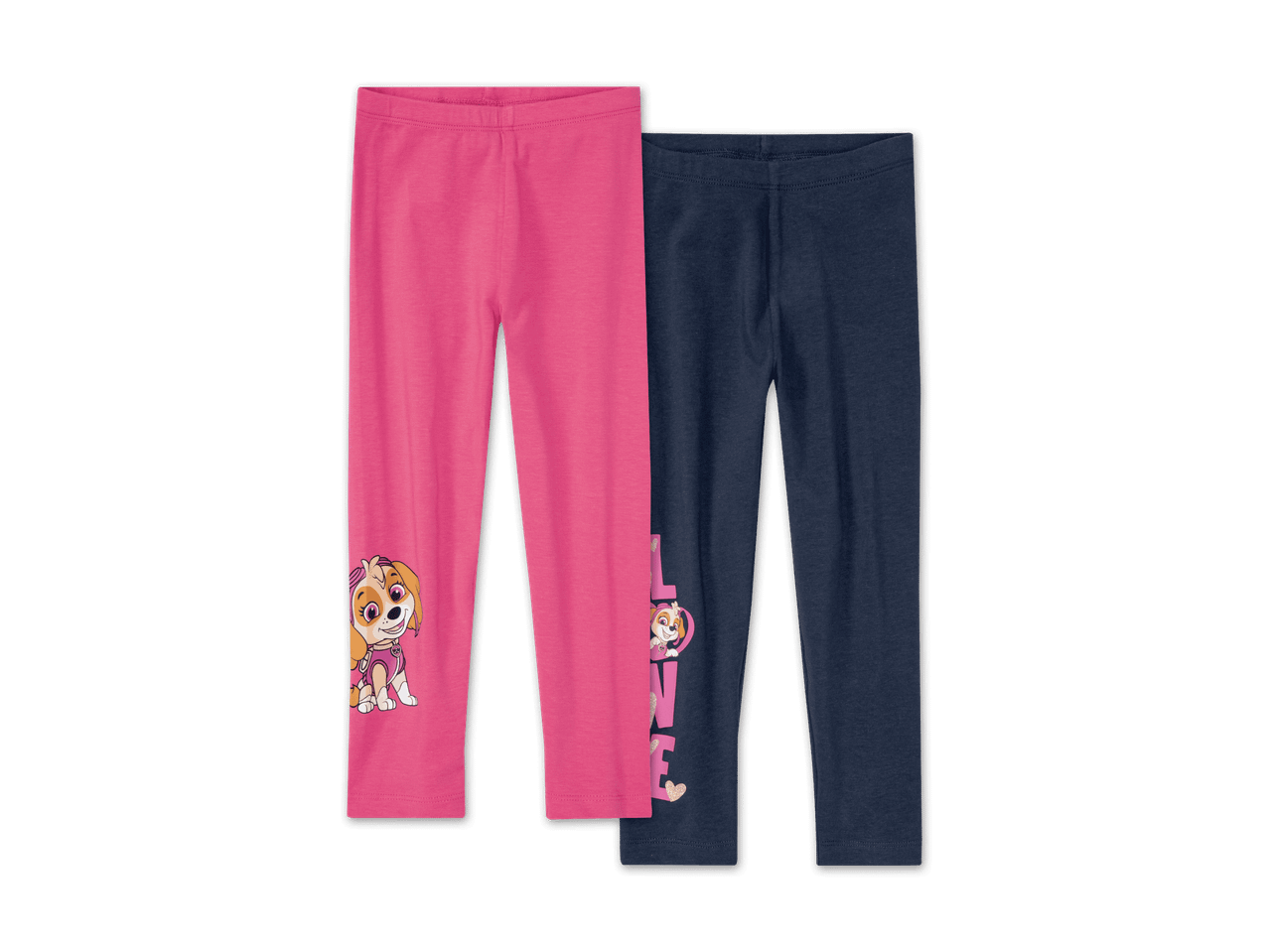 Zwei Leggings für Mädchen, eine pinkfarbene mit Skye von Paw Patrol und eine dunkelblaue mit „LOVE“.