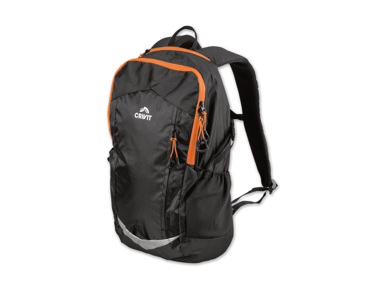 Ein schwarzer Crivit Rucksack mit orangefarbenen Reißverschlüssen und Akzenten.