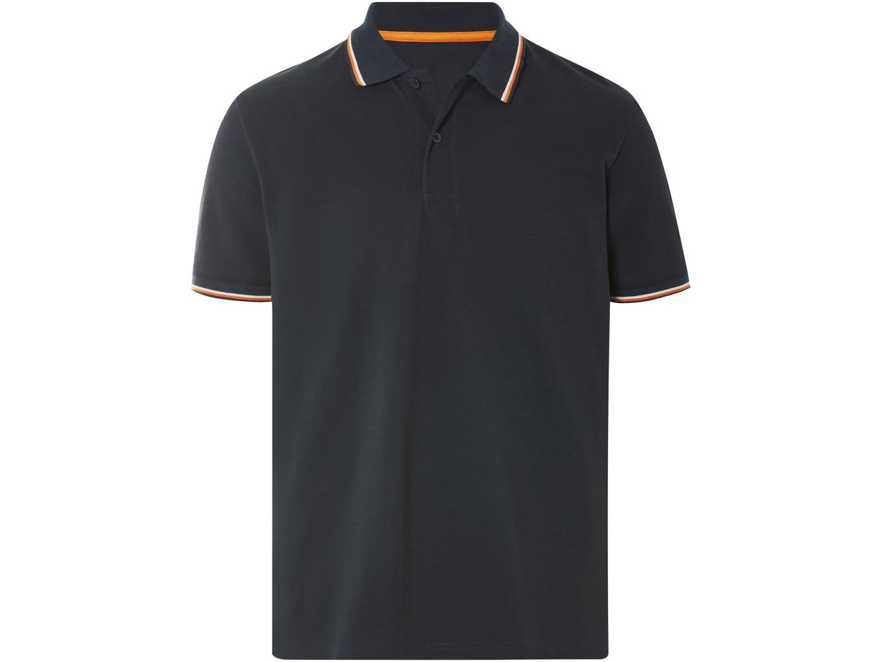 Polo a maniche corte blu scuro con colletto a contrasto arancione e bianco.