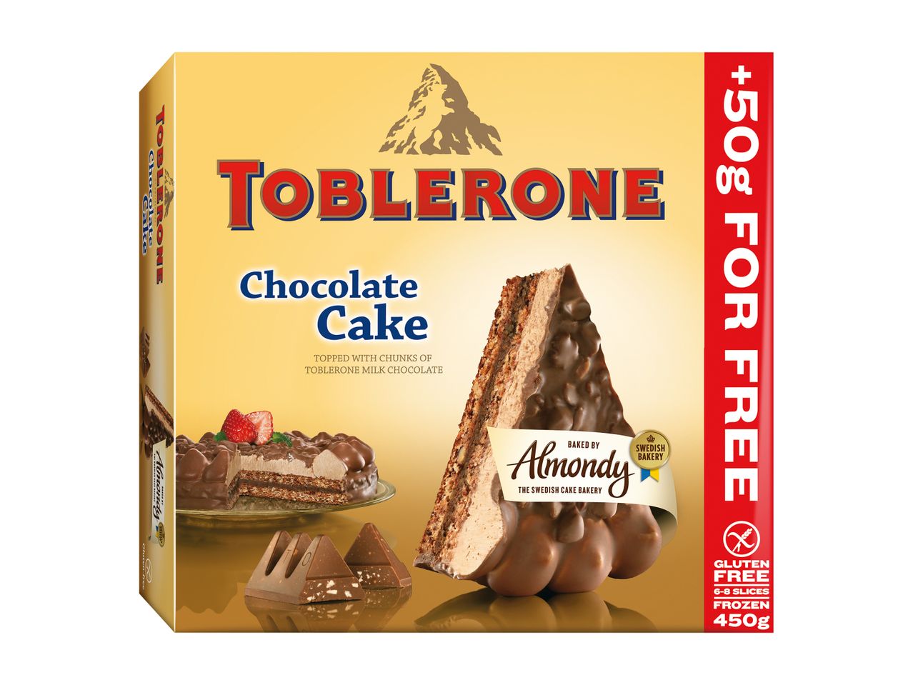 Toblerone čokoladna torta: škatla s sliko torte in čokoladnih kosmičev.