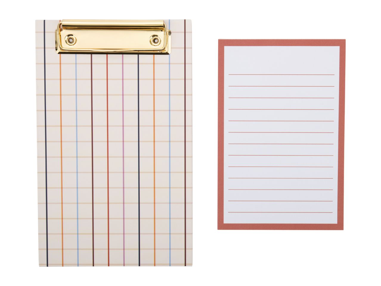 A clipboard with a colorful plaid pattern and a blank lined note card with a red border.