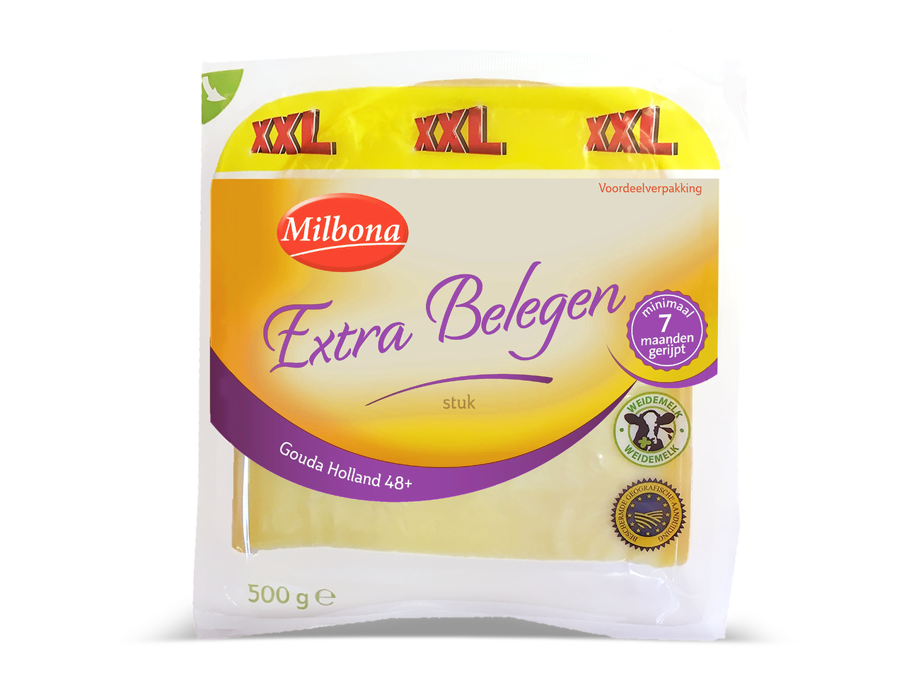 Verpakking extra belegen Goudse kaas, minimaal 7 maanden gerijpt, 500 gram.