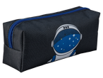 Crelando Pencil Case with a blue zipper and an astronaut design on a dark background.