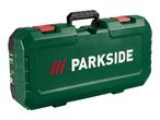 Green plastic tool case with a black handle and red latches