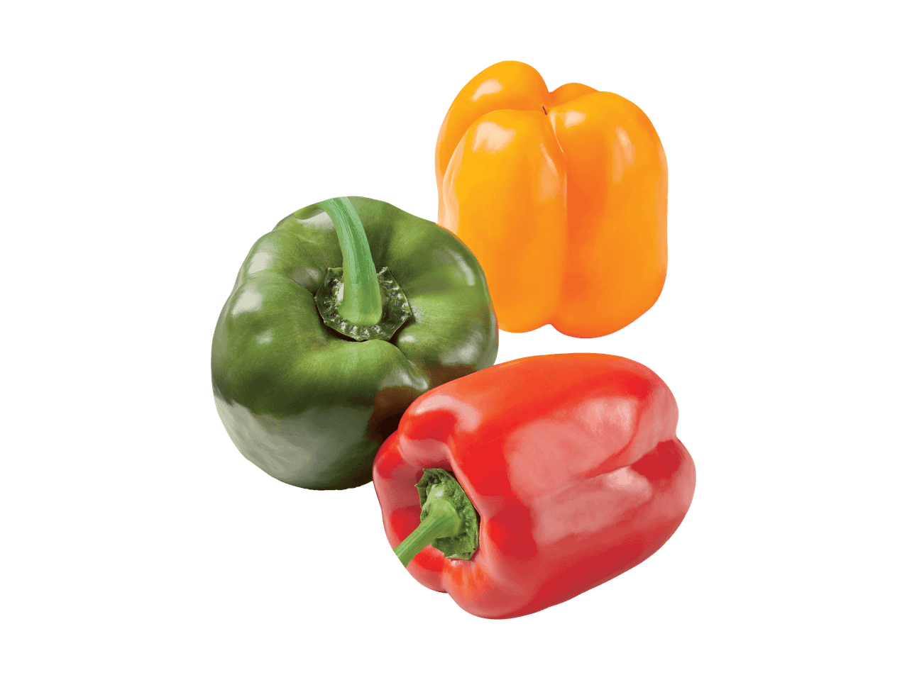 Drei Paprika in Grün, Orange und Rot auf schwarzem Hintergrund.
