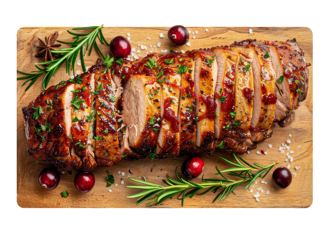 Cepta cūkgaļas fileja ar dzērvenēm, rozmarīnu un garšvielām uz koka dēlīša.