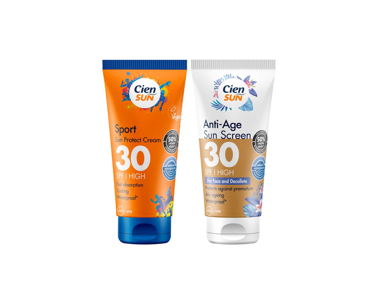 Dve tube Cien SPF 30 kreme za sunčanje, jedna za lice, jedna za telo.