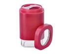 Red and clear plastic container with a removable lid, angled view.